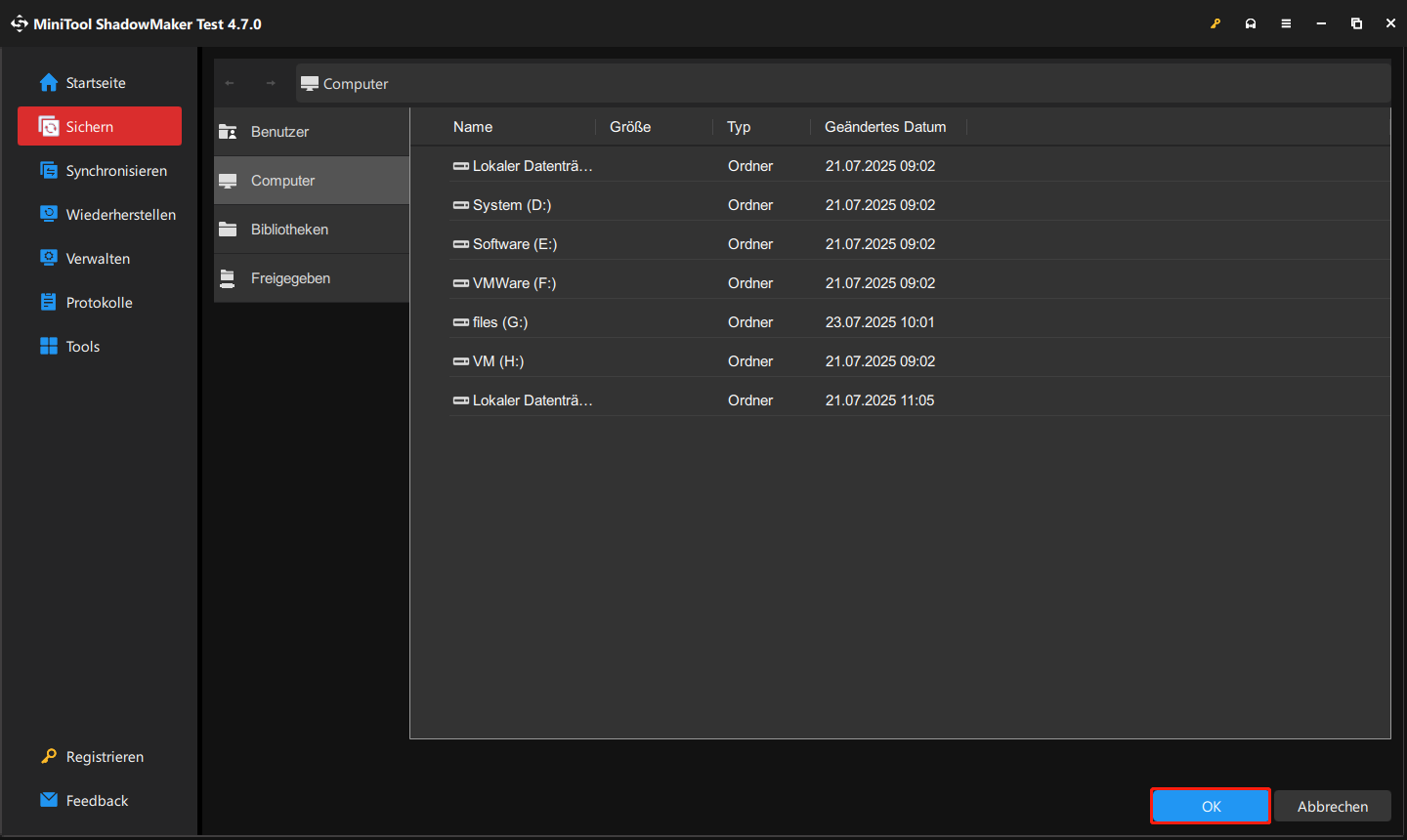 wählen Sie in MiniTool ShadowMaker eine externe Festplatte als Sicherungsziel aus