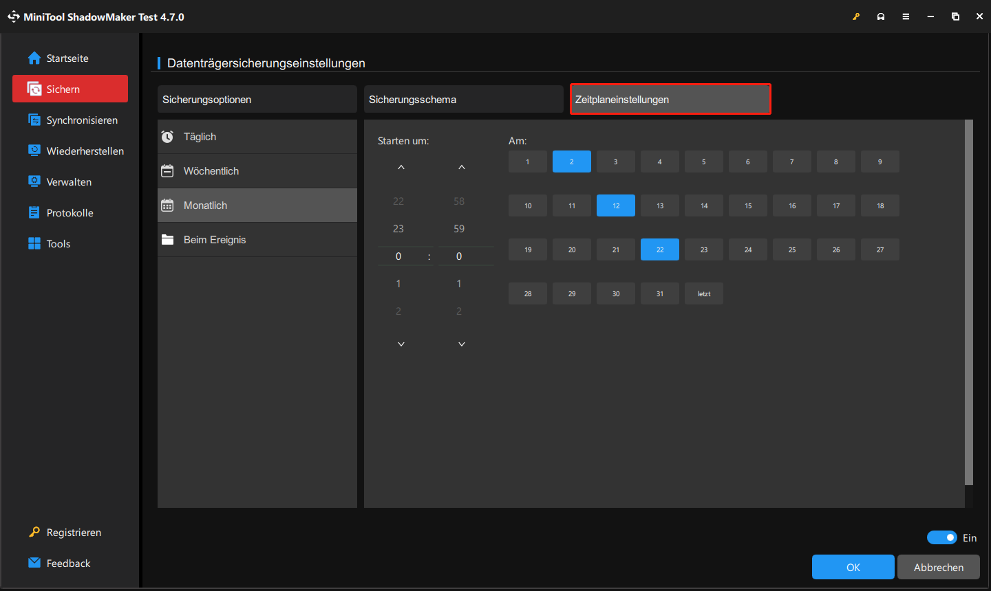aktivieren Sie in MiniTool ShadowMaker die Funktion „Zeitpaneinstellungen“, um automatische Sicherungen einzurichten