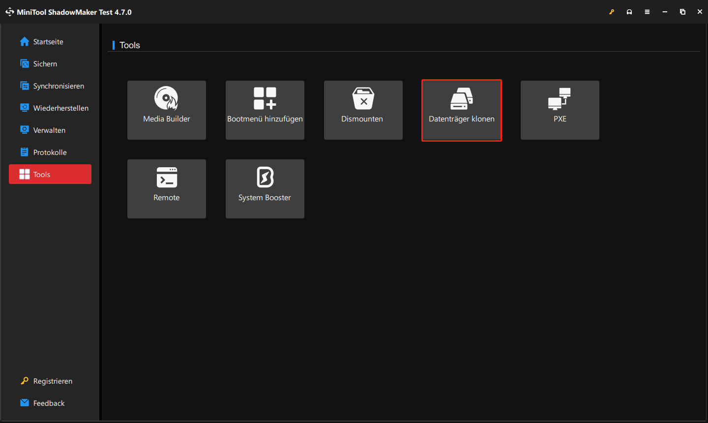 klicken Sie in MiniTool ShadowMaker auf „Tools“ und dann auf „Datenträger klonen“
