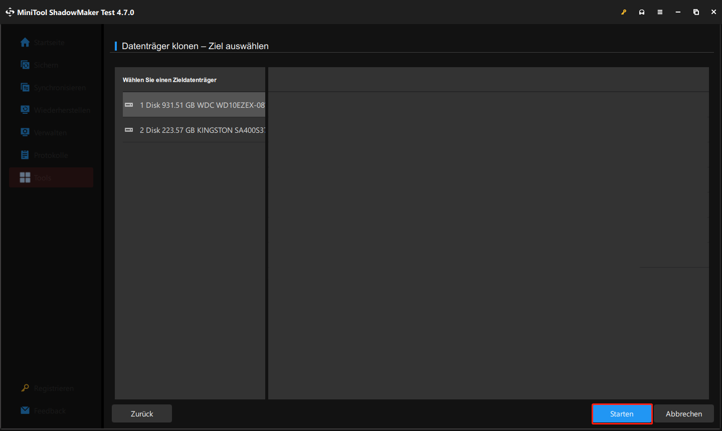 zum Start des Klonvorgangs klicken Sie in MiniTool ShadowMaker auf „Starten“