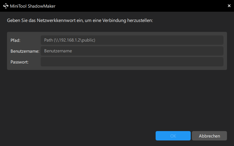 Pfad, Benutzernamen sowie Passwort in das Popup-Fenster eingeben, um eine Verbindung zu erstellen