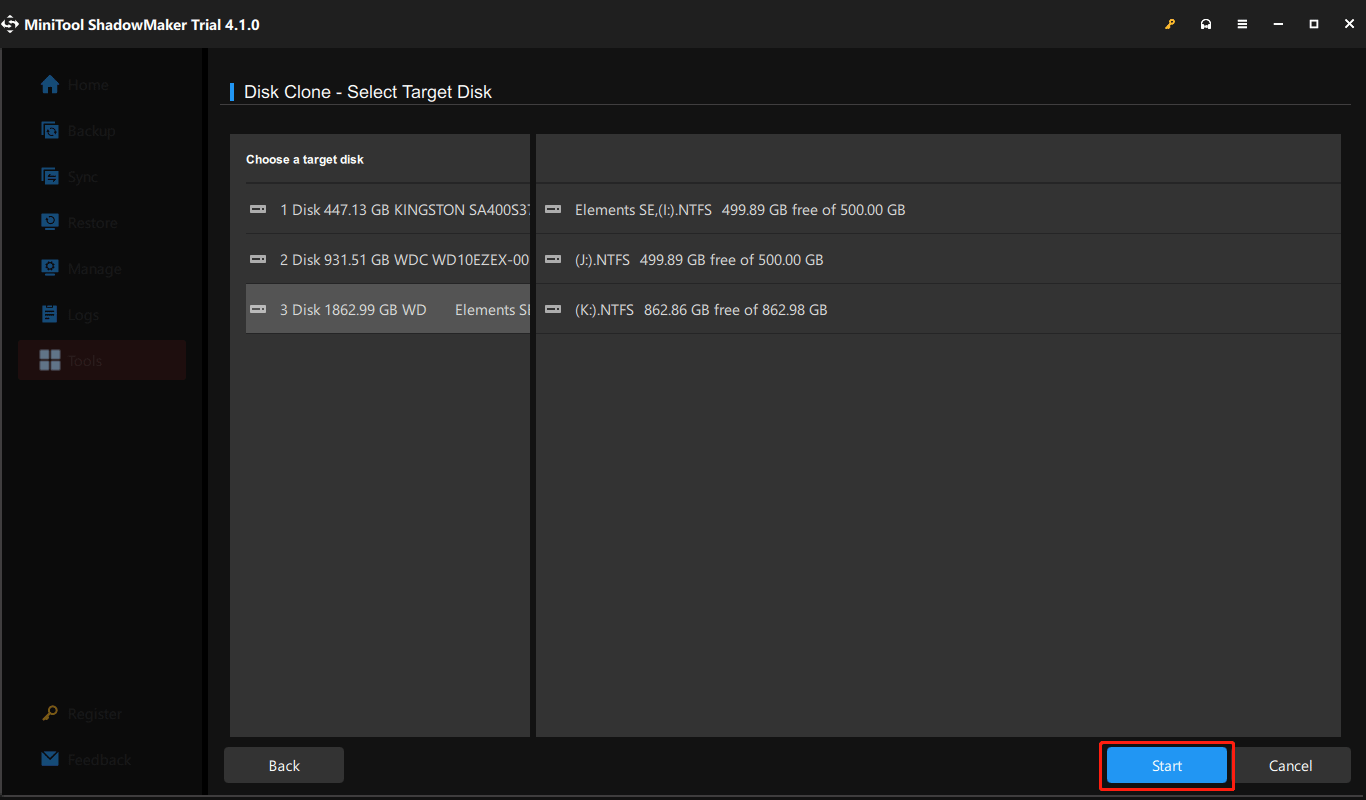 choose a target disk for cloning