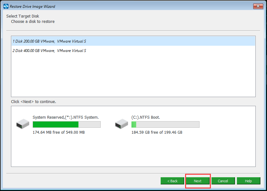 choose the target disk and click Next to continue 