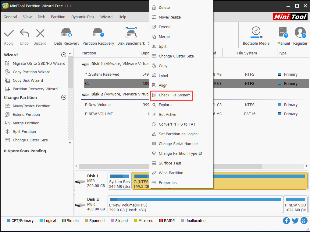 select the C partition and choose Check File System from context menu