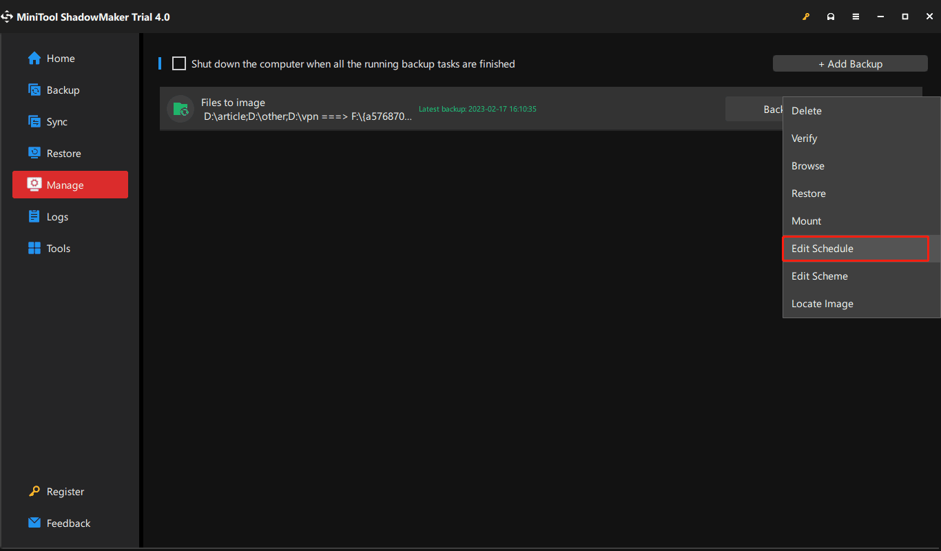 create automatic file backup in Manage page