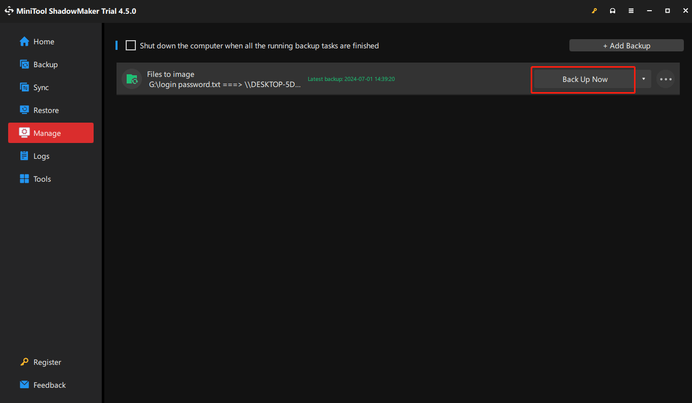 click Back Up Now under Manage