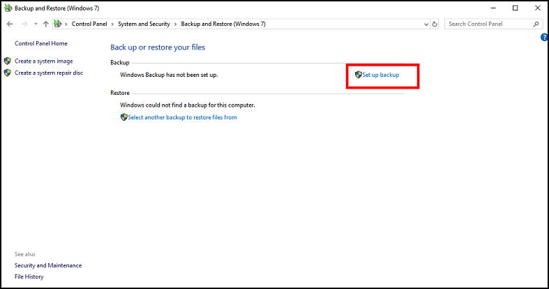 click Set up backup