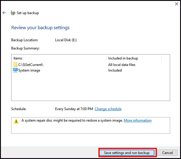 click Save setting and run backup
