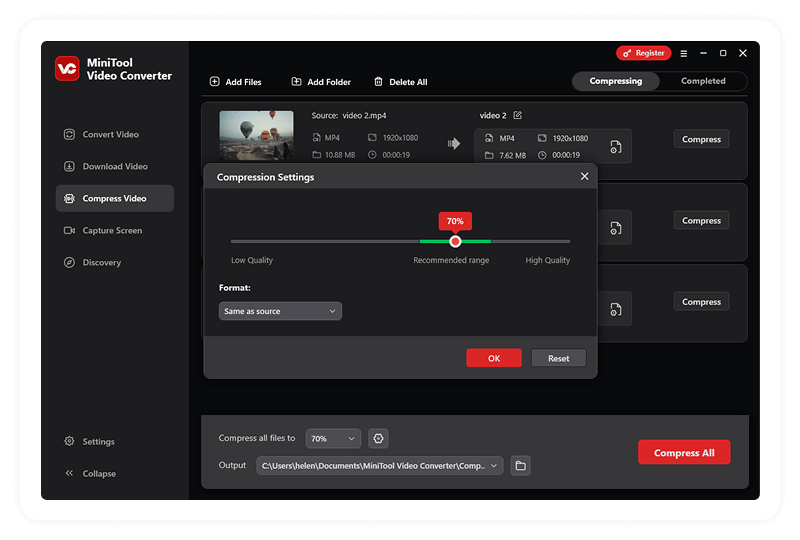 Set up video compression level in MiniTool Video Converter