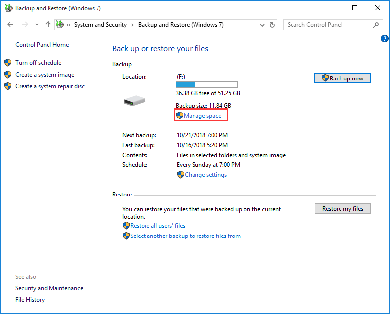 manage Windows backup disk space with Backup and Restore