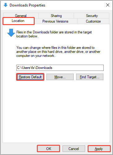 The Downloads Properties interface showing the Location section, with Restore Default, Apply, and OK selected.