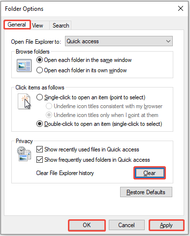 The Folder Options interface open to the General tab, with the Clear button next to Clear File Explorer history highlighted.