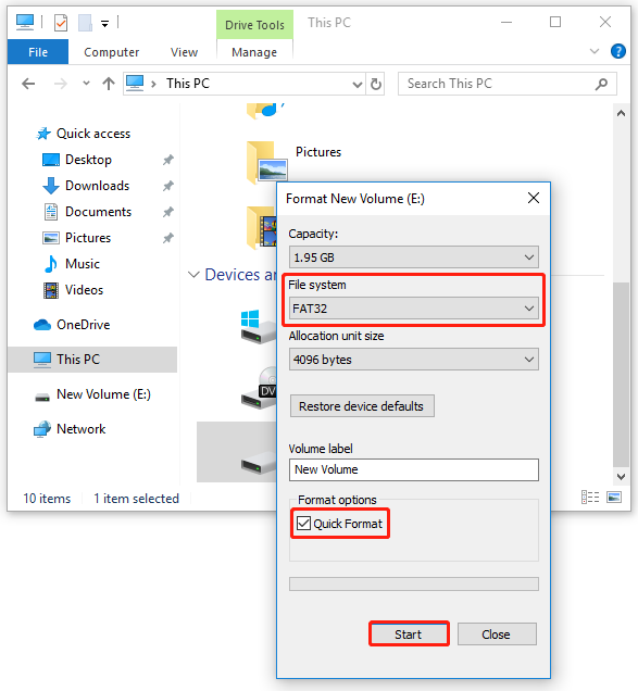 format DVR hard drive to FAT32 using File Explorer