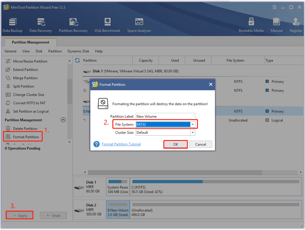 format DVR hard disk to FAT32 using MiniTool Partition Wizards