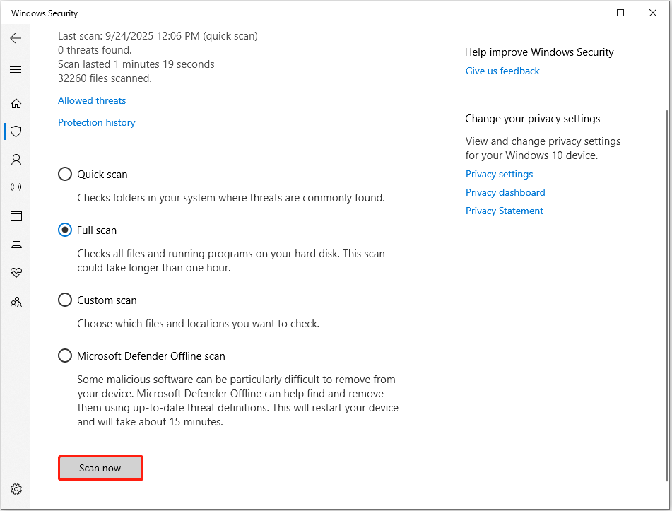 run a full virus scan in Windows Security