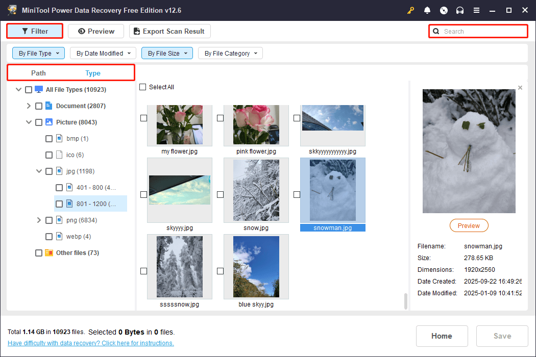 use Path, Type, Filter, or Search to find wanted files in MiniTool Power Data Recovery