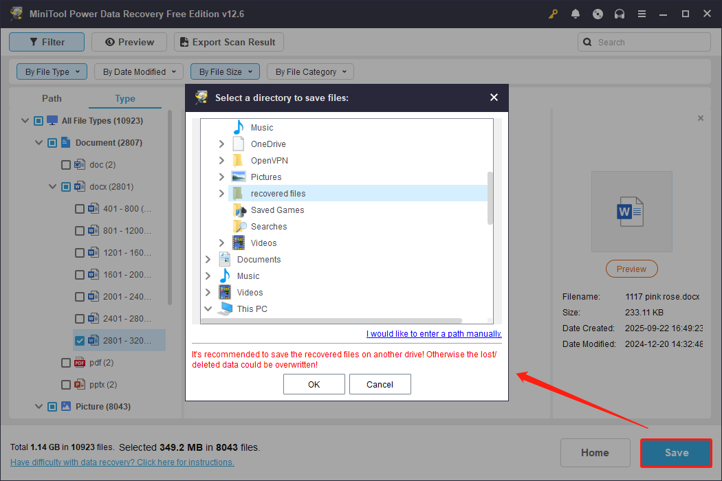 save the selected files in MiniTool Power Data Recovery
