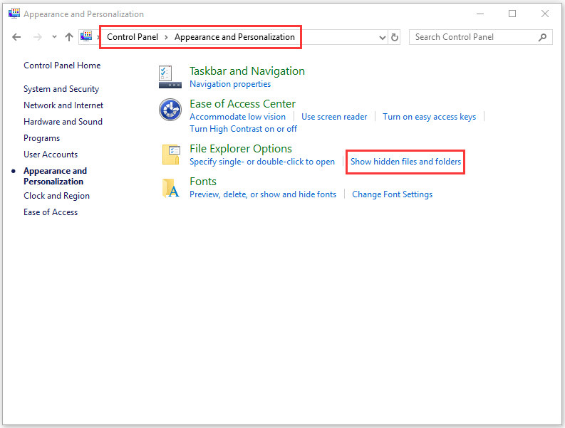 show hidden files and folders through control panel