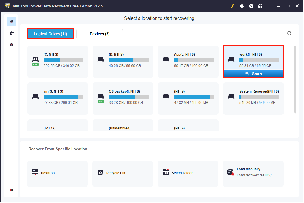 select the hard drive partition under Logical Drives to scan in MiniTool Power Data Recovery