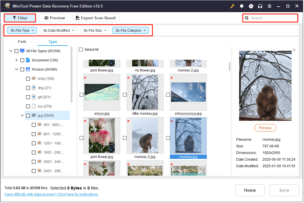 use the Filter and Search features in MiniTool Power Data Recovery