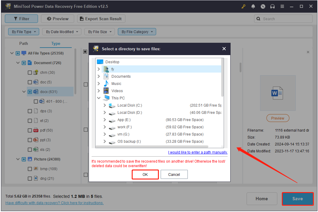save the ticked files to a preferred location in MiniTool Power Data Recovery
