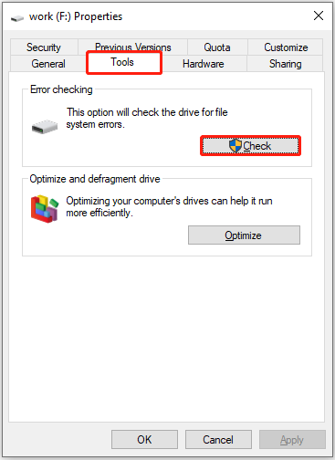 check the drive for file system issues in disk properties
