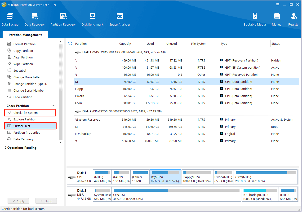 the Check File System and Surface Test features in MiniTool Partition Wizard