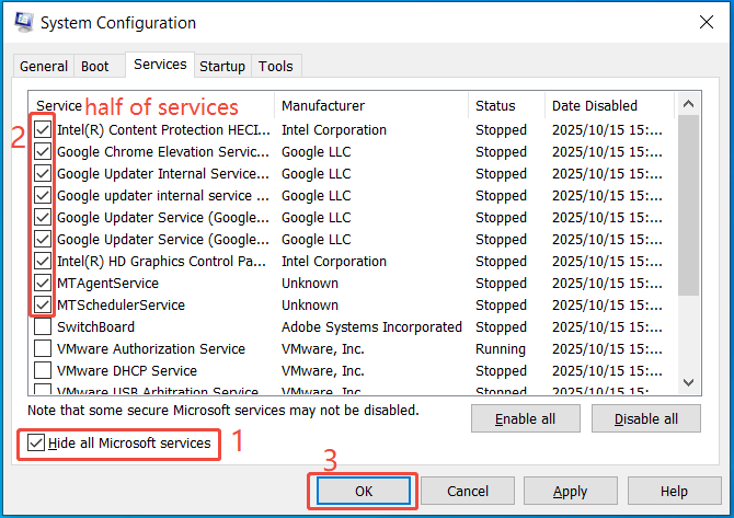 enable upper half of services in System Configuration