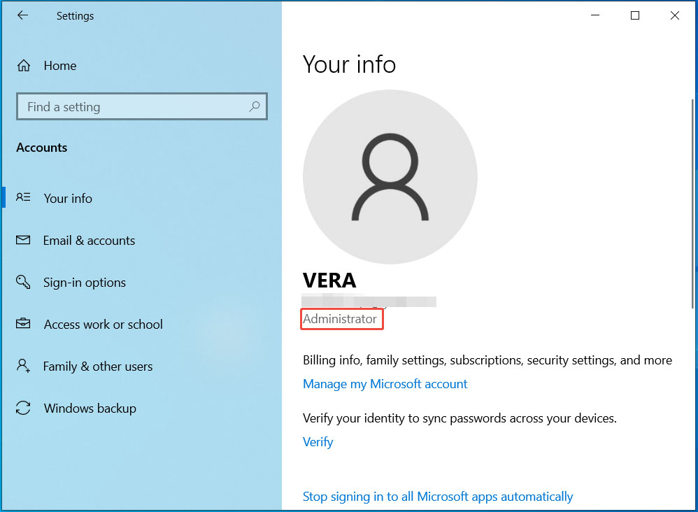check user account type in Settings