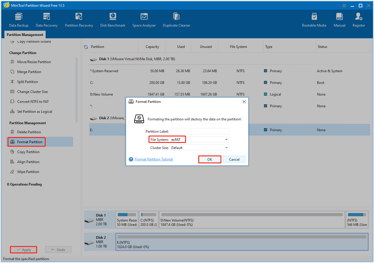 The MiniTool Partition Wizard interface with selected the Format Partition, exFAT File System, and Apply option.