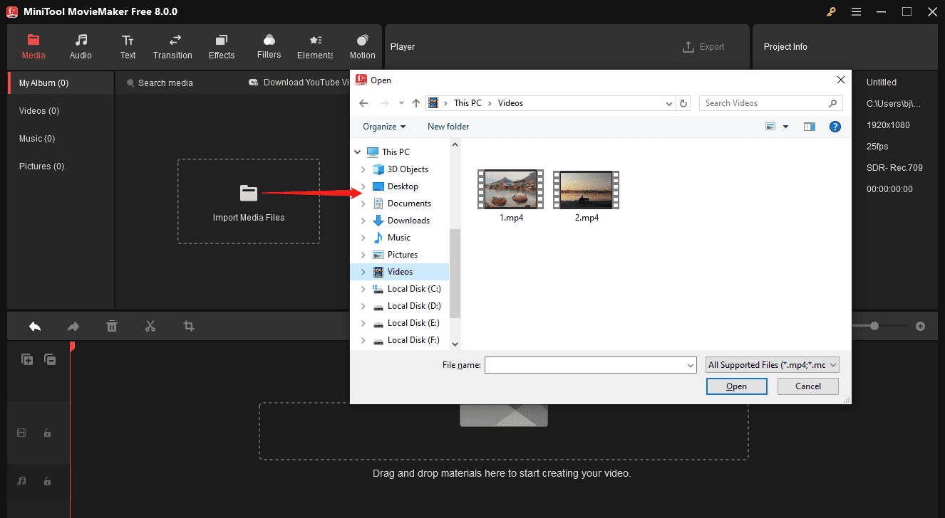 Click Import Media Files to open media files in MiniTool MovieMaker