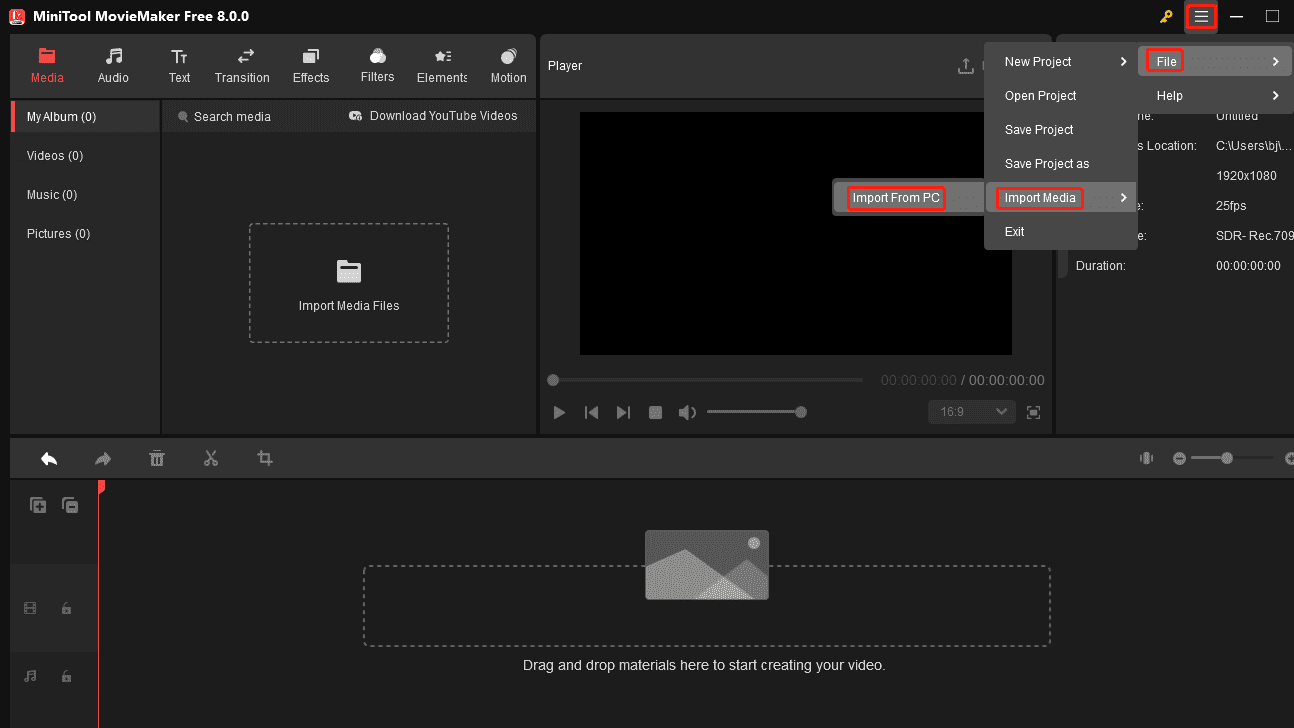 Select these options to import media files in MiniTool MovieMaker