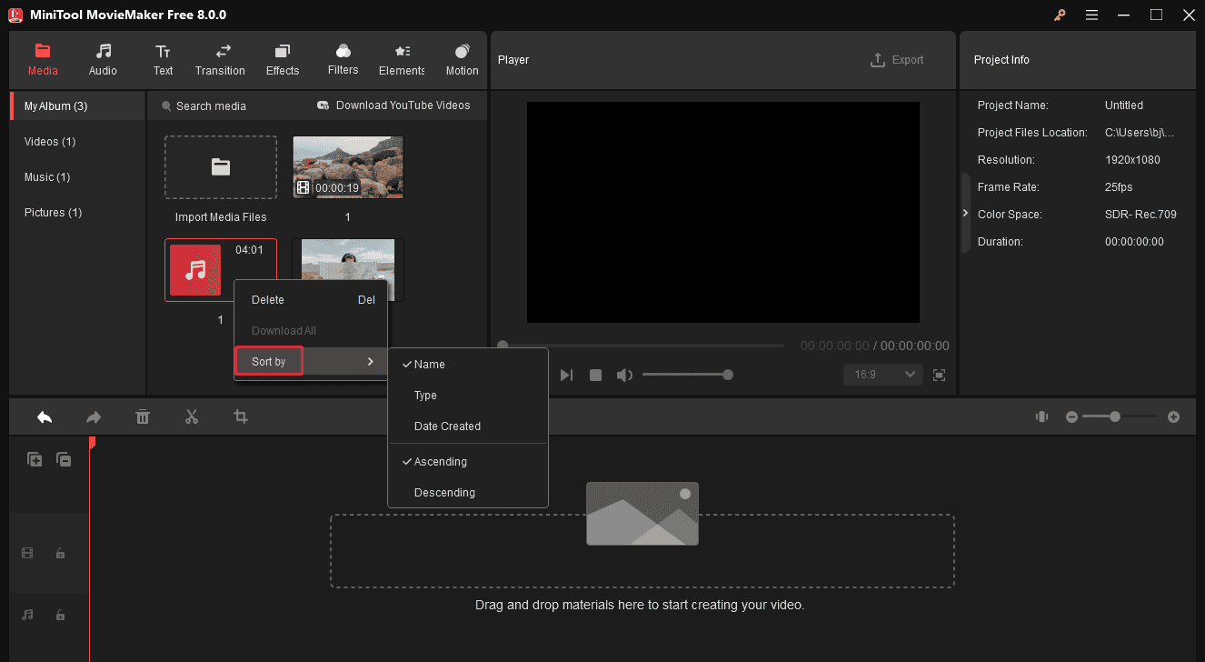 Click the Sort by option to categorize the selected media in MiniTool MovieMaker