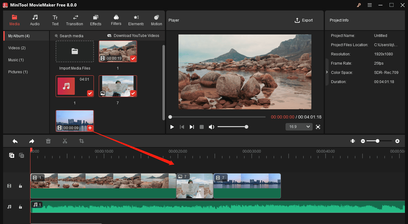Click the + icon on the clip to add it to the timeline in MiniTool MovieMaker