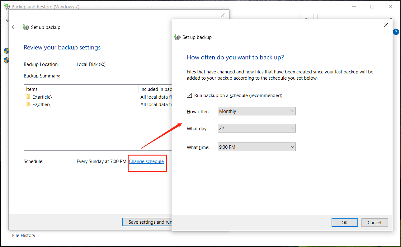 schedule backup in Backup and Restore