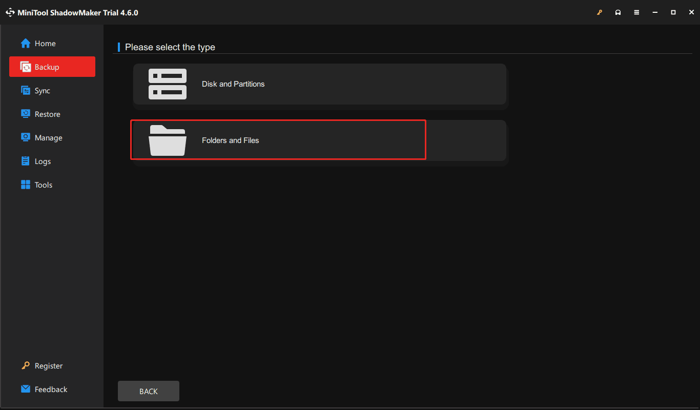 select backup source in MiniTool ShadowMaker