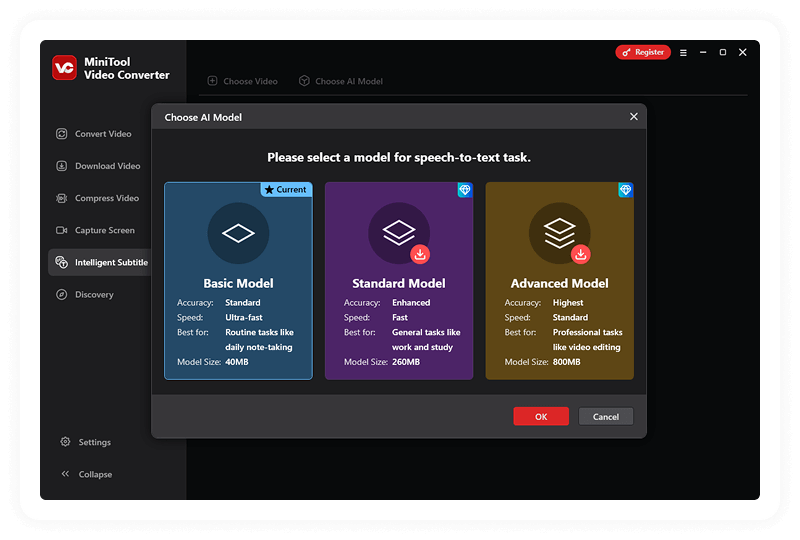 3 speech-to-text models listed in MiniTool Video Converter