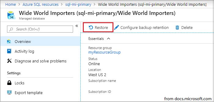 restore an existing database via Azure portal