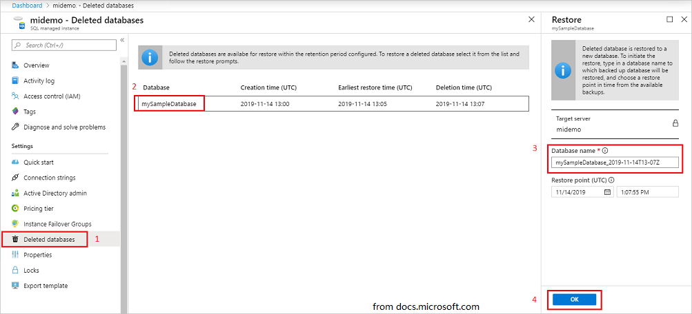 restore deleted database using Azure portal