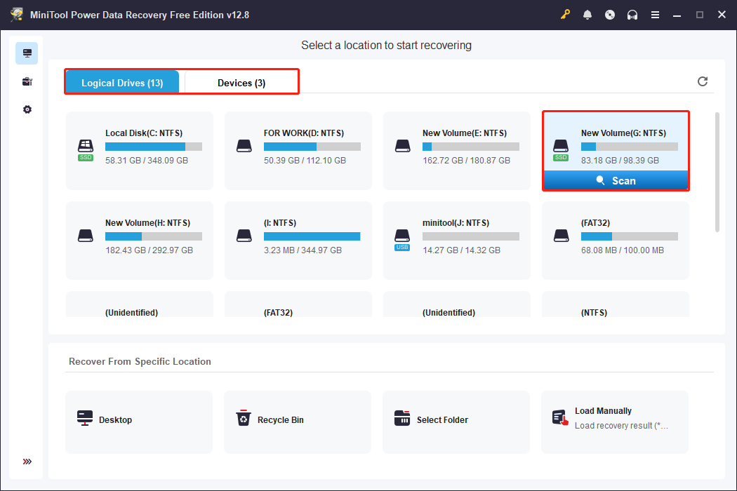 MiniTool Power Data Recovery interface showing all partitions with the SSD drive selected and the Scan icon highlighted.