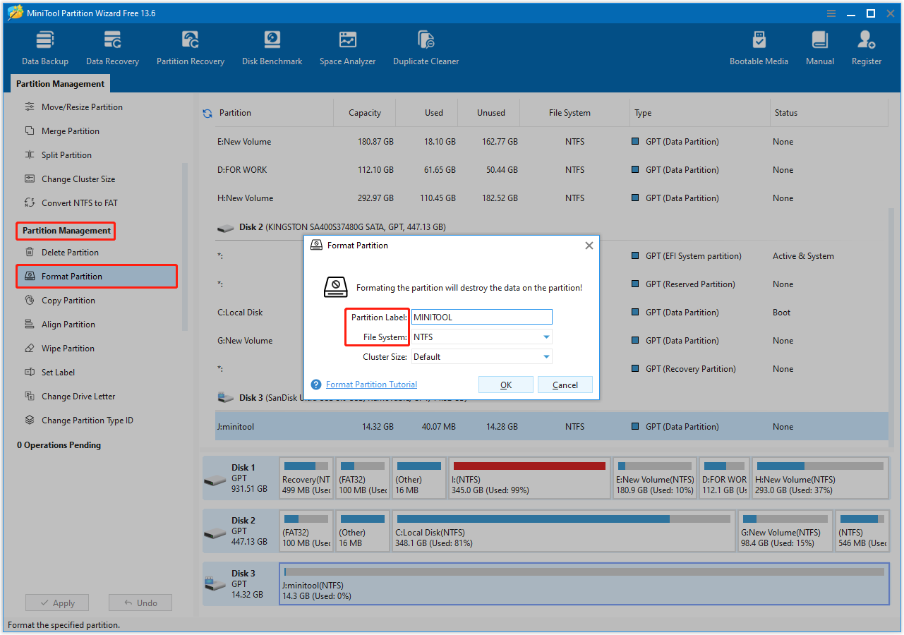 MiniTool Partition Wizard interface with Format Partition selected and a format box embedded to format the disk.