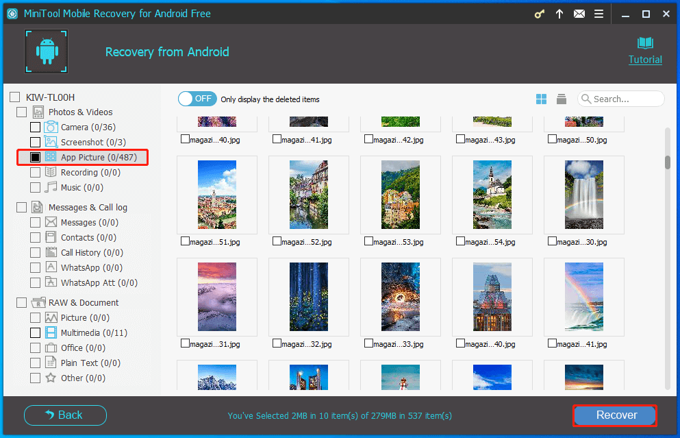 recover the selected photos using MiniTool Mobile Recovery for Android