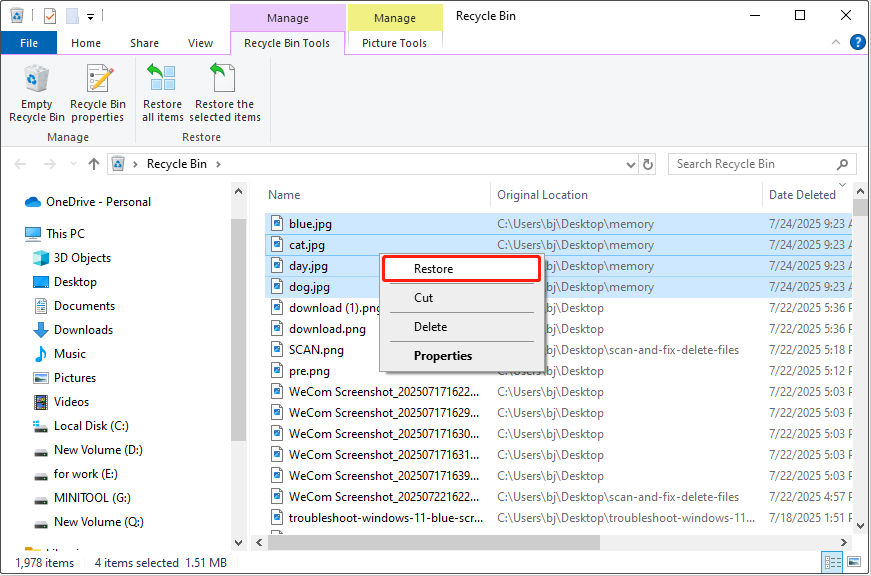 recover deleted photos from Recycle Bin