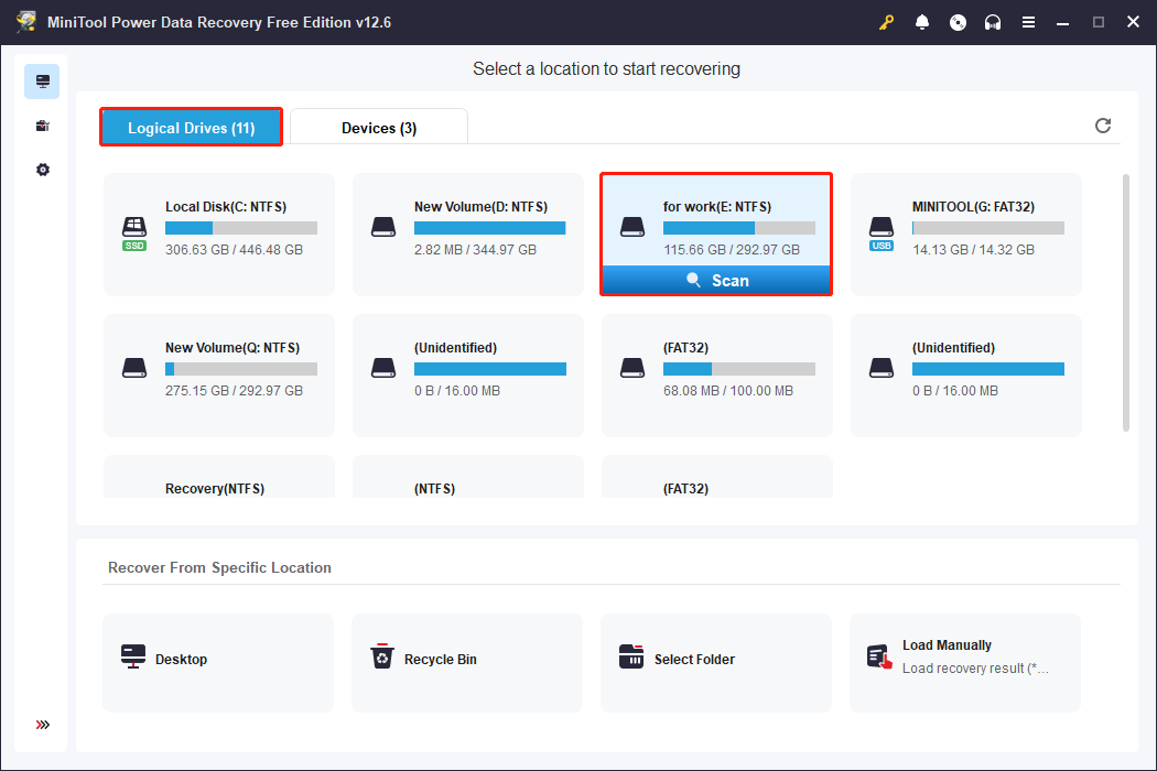 scan the target partition using MiniTool Power Data Recovery