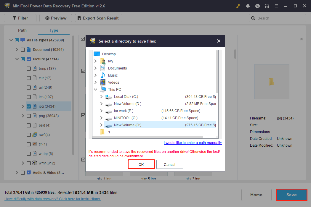 save photos to a new location using MiniTool Power Data Recovery