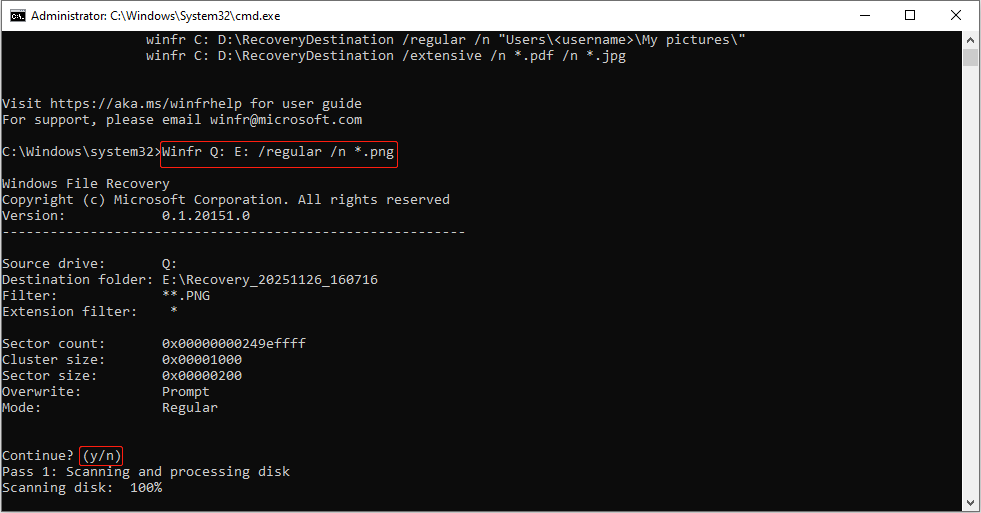 Command Prompt window showing the output of a Winfr command to recover all PNG files from the Q drive to E drive.
