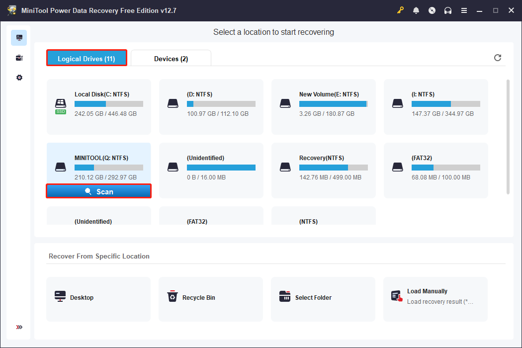 MiniTool Power Data Recovery interface displays all drives under the Logical Drives tab with the Scan option highlighted.