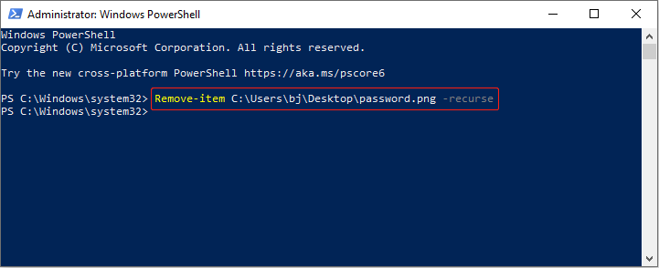 PowerShell interface shows running the Remove item command to delete a file permanently.