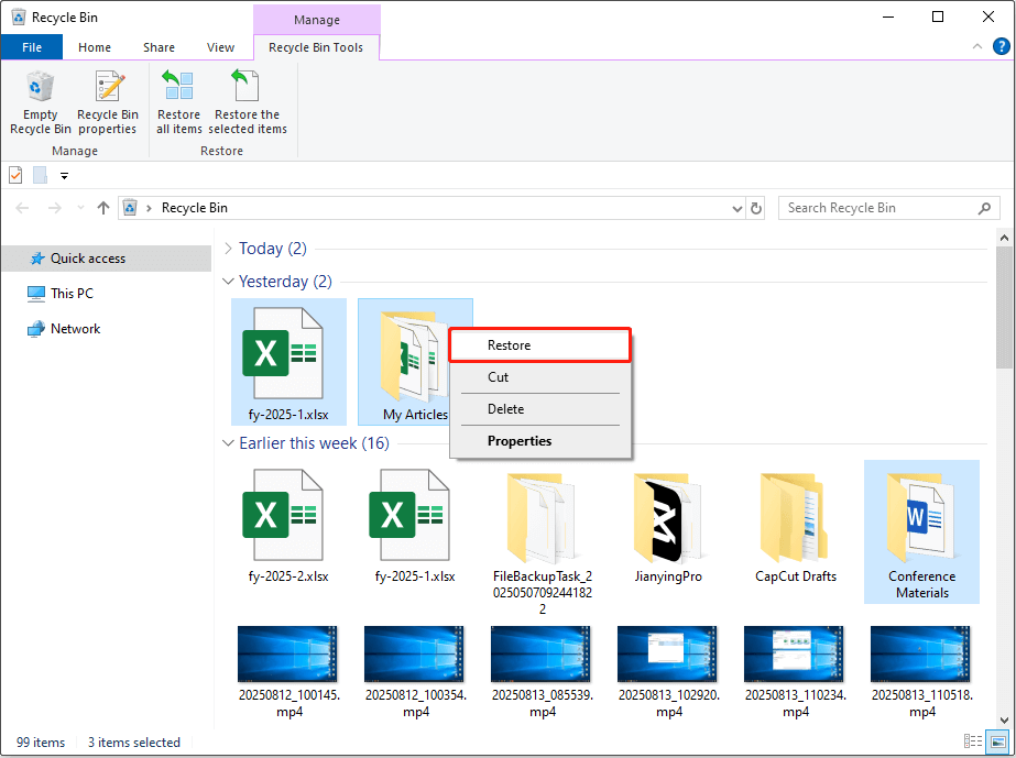 restore files from the Recycle Bin