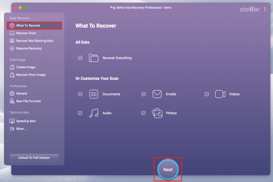 select the file types you want to recover in Stellar Data Recovery for Mac